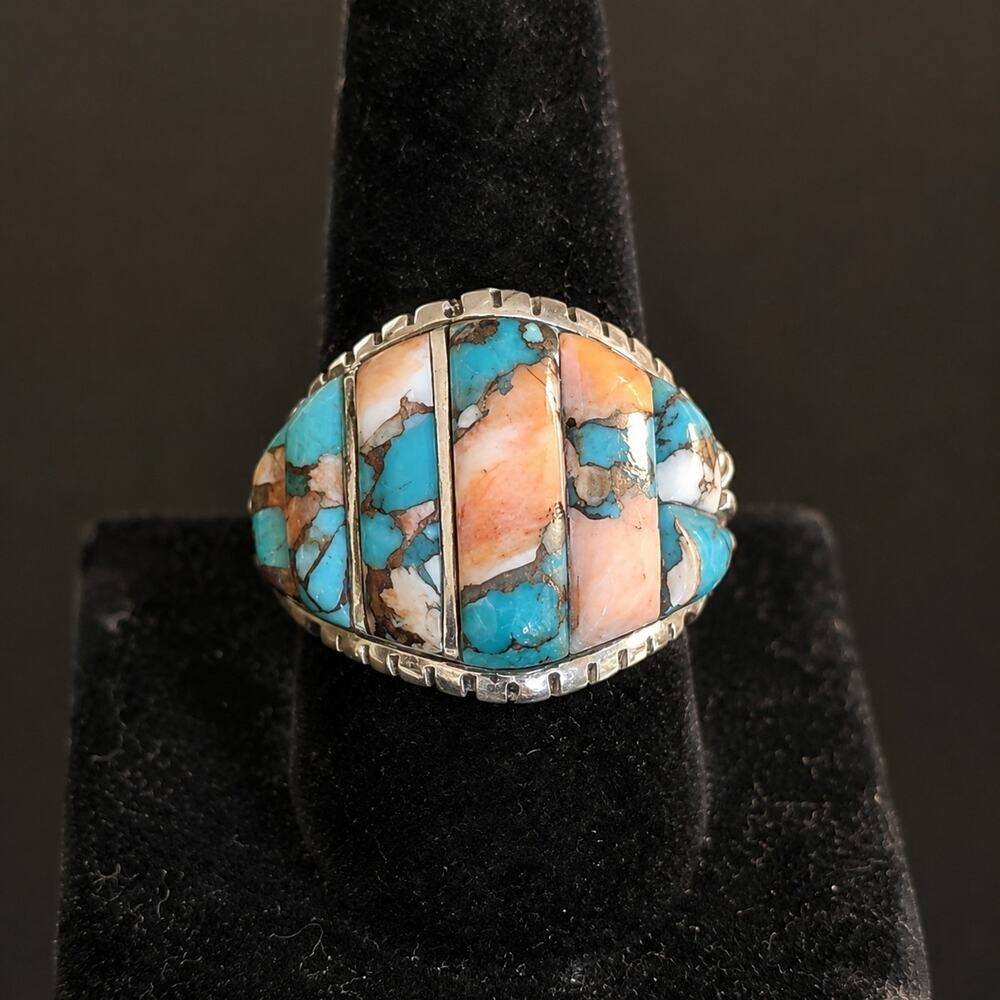 Vintage Signed T 925 Sterling Silver Spiny Oyster Turquoise Inlay Ring Size 7
